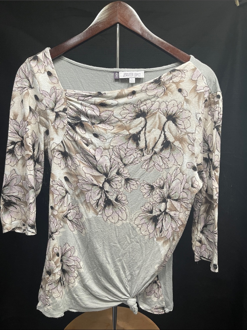 Jennifer Lopez Sage Green Floral Twist-Hem Long Sleeve Top